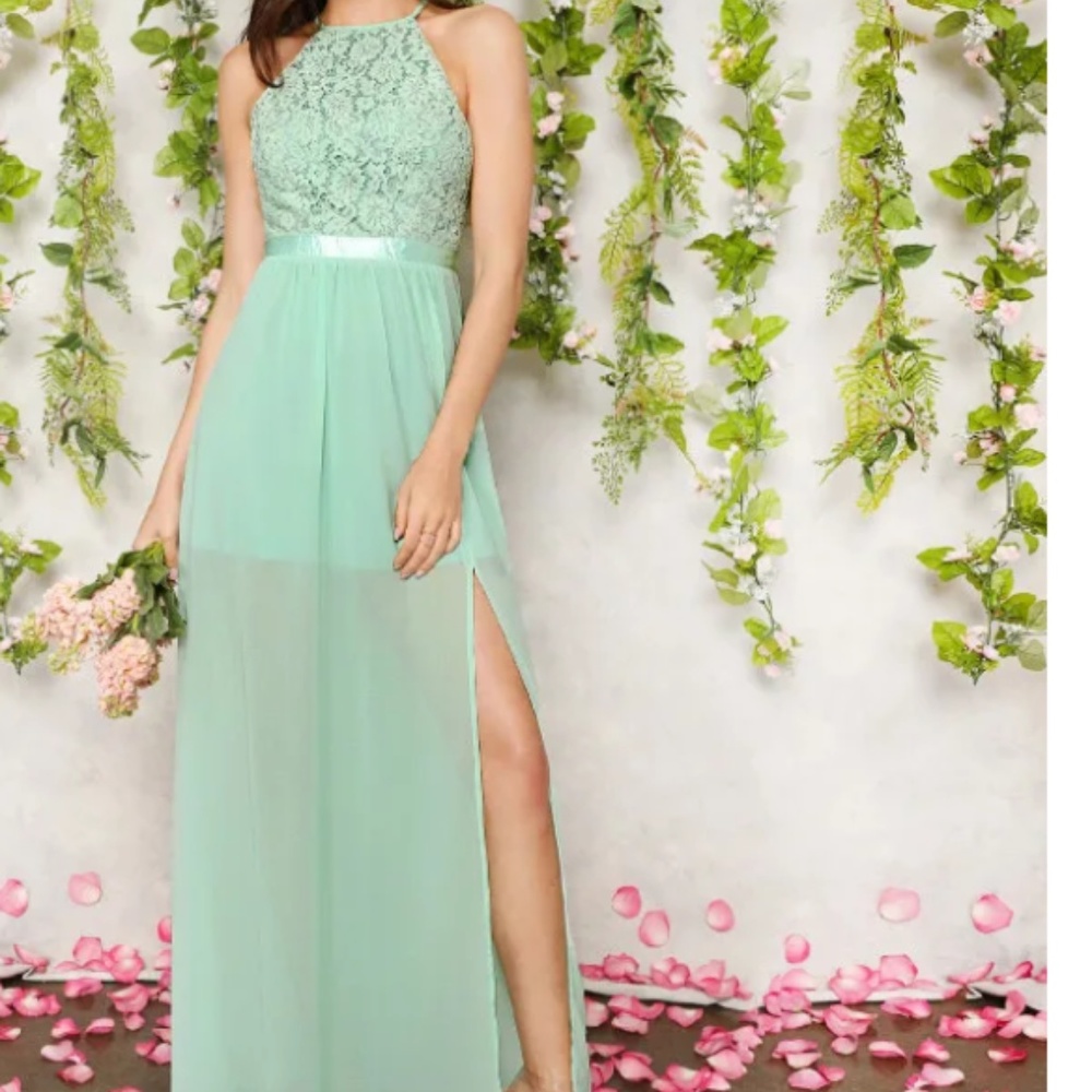 Open Back Lace Halter Top Split Prom Dress